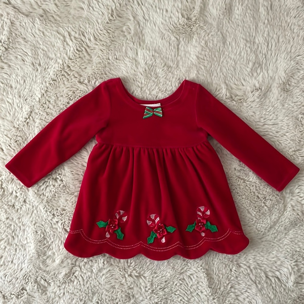 Bonnie Baby Red Candy Cane Velvet-like Dress/Tunic with Scalloped Hem